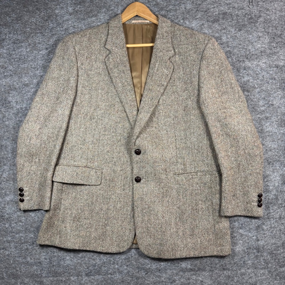 Harris Tweed Blazer Jacket Mens 44S Tan Herringbone Wool Sport Coat Scotland
